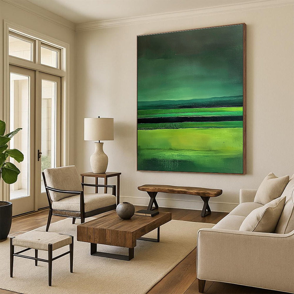 Large abstract painting featuring green fields dark sky and lake in a minimalist style with fluid lines inspired by Mark Rothko.STSC309