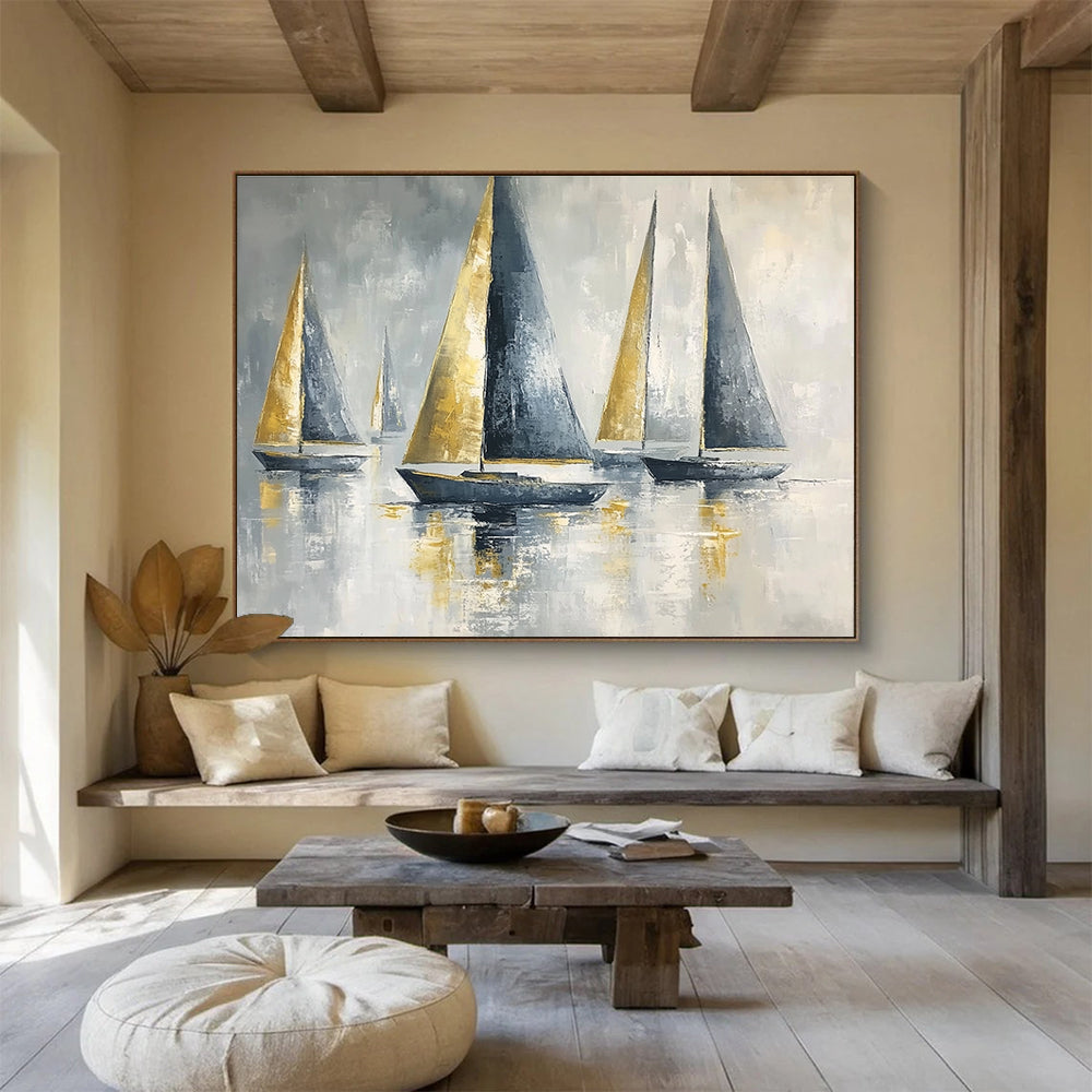 Gold and Gray Sailboats Elegant Abstract Painting with Metallic Accents DYP607
