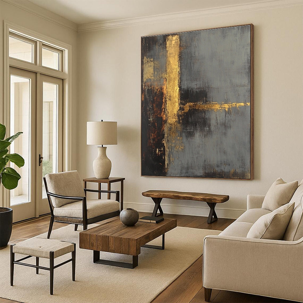 Large abstract painting in gray and gold tones with a textured background and a hint of a tower evoking mystery and calmness.STSC418