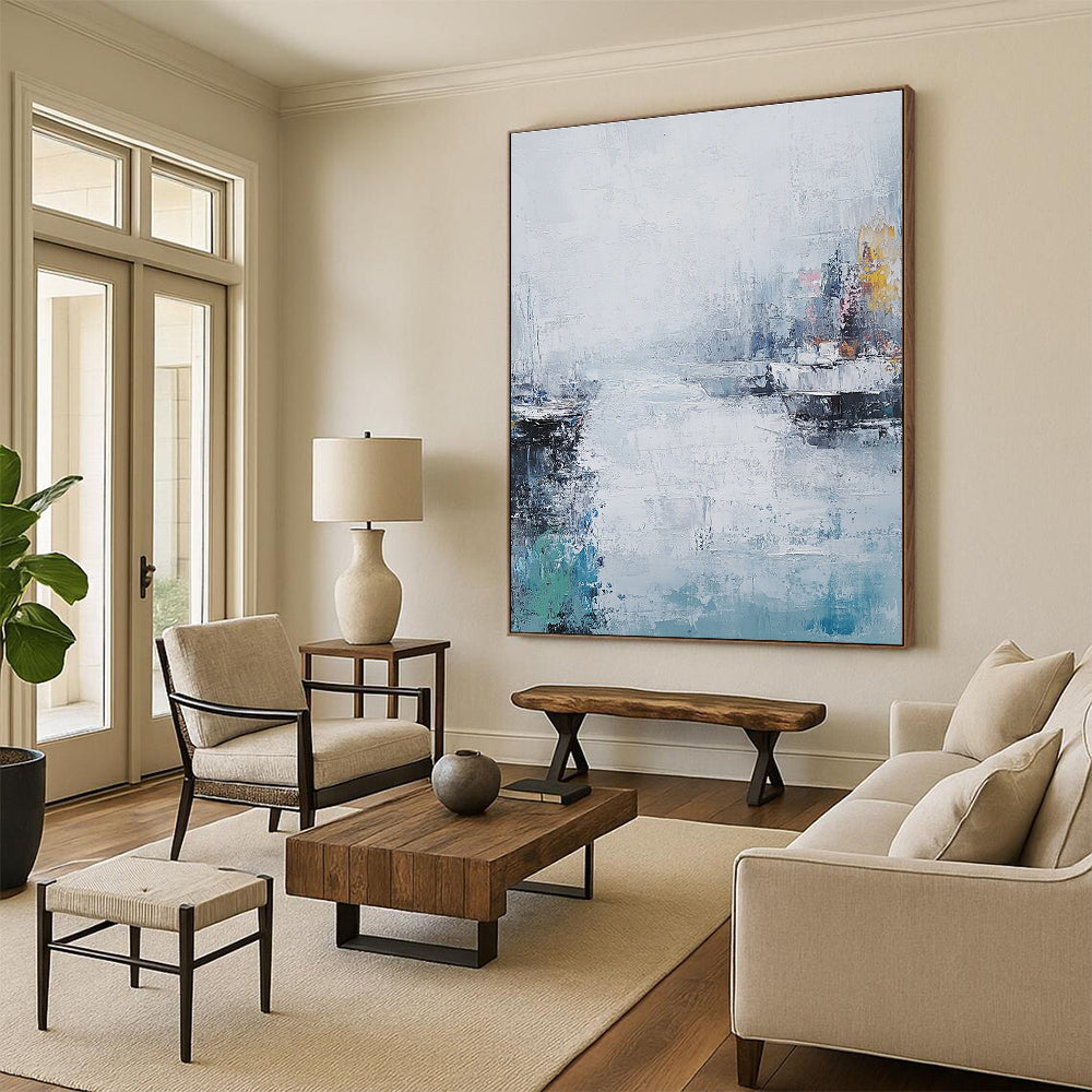 Large abstract painting of the sea featuring muted colors thick brush strokes and a vintage coastal cityscape under a foggy sky.STSC199