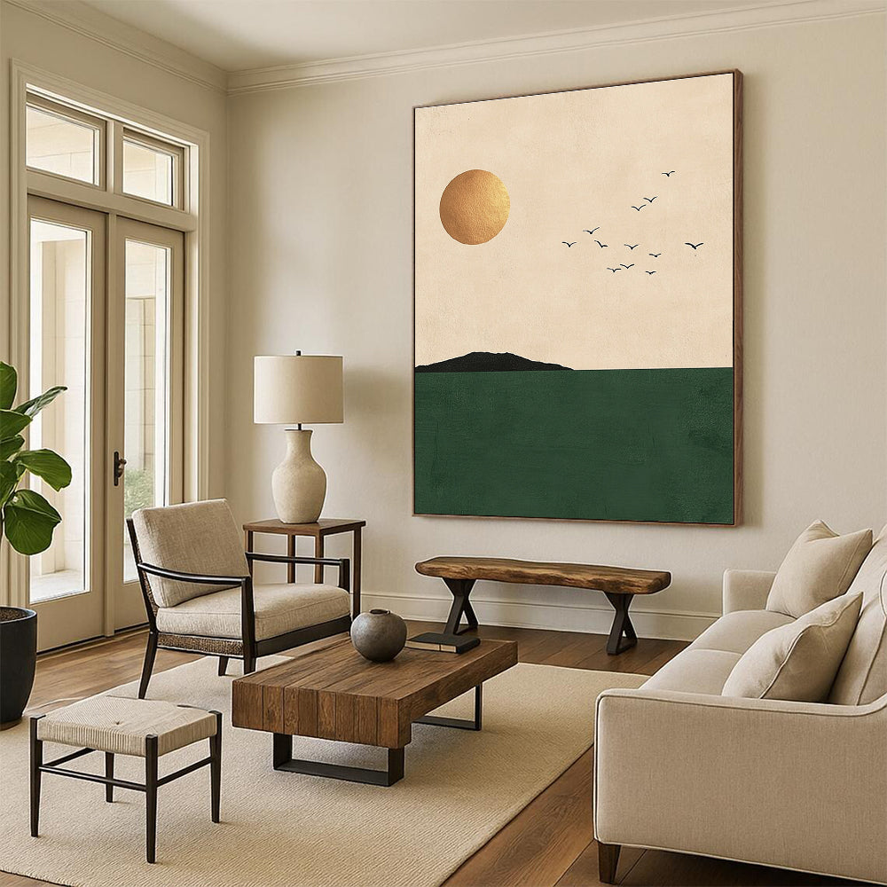 Large abstract painting featuring minimalist Japandi art with a sun and birds over a green sea in a neutral palette with gold accents.STSC1338
