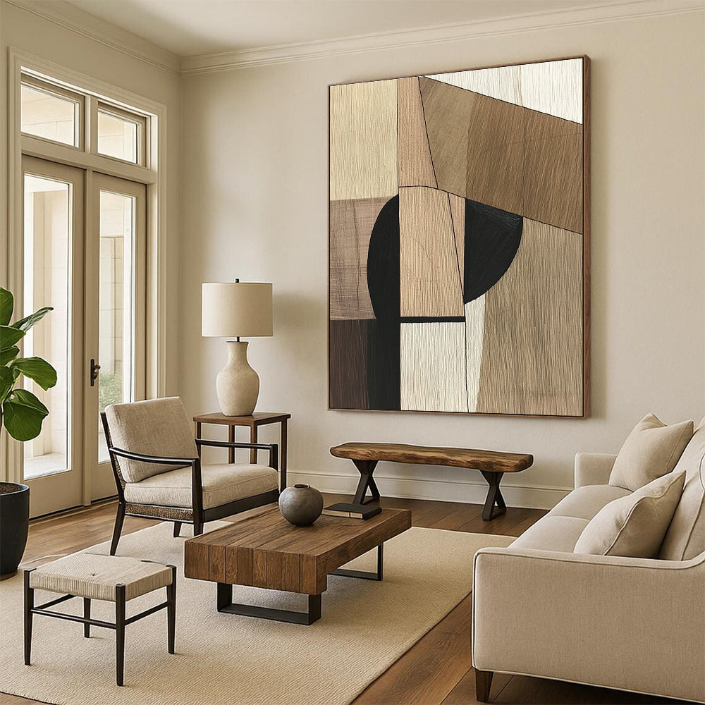 A large abstract painting in Picasso style with wooden textures and a vertical black line on a neutral wood background, symbolizing simplicity and modernity.STSC541