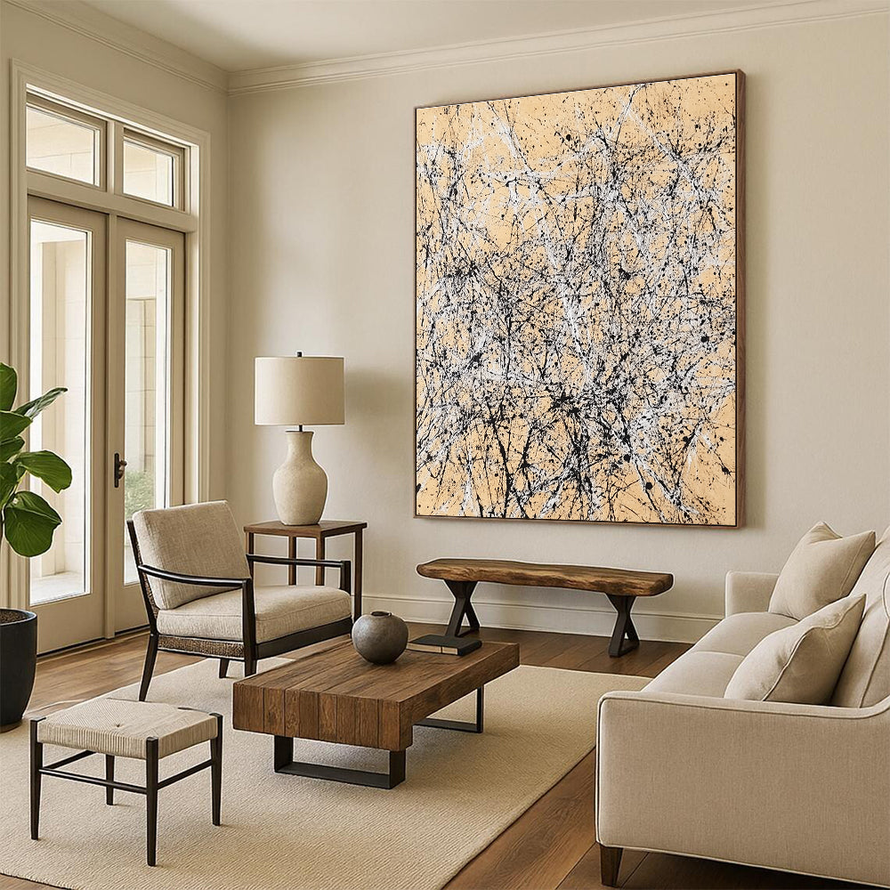 Black and White Splattered Abstract Painting on Beige Background GER002
