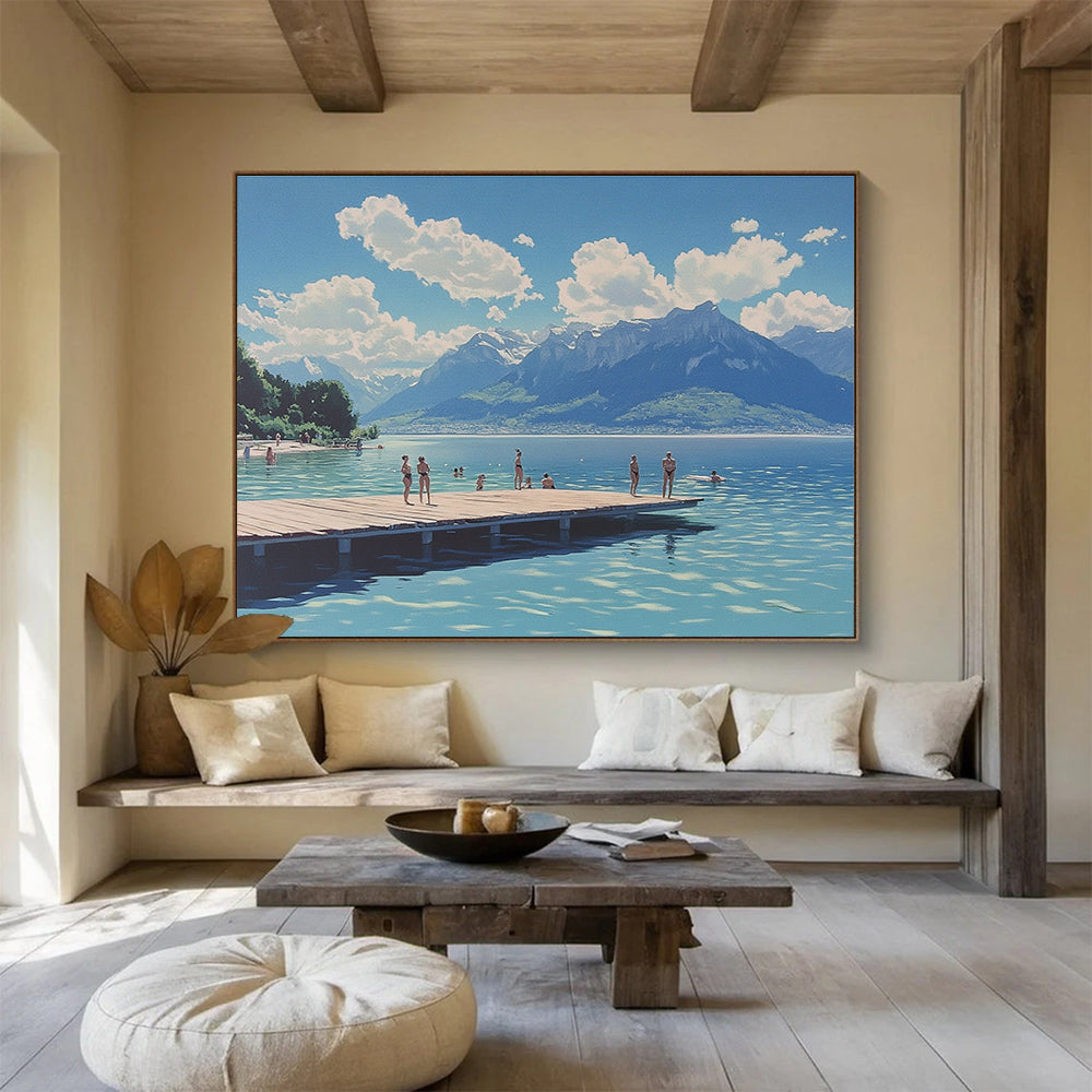 Large abstract painting depicting swimmers at Lake Neuchâtel with mountains clouds and a wooden platform under a blue sky.SC472