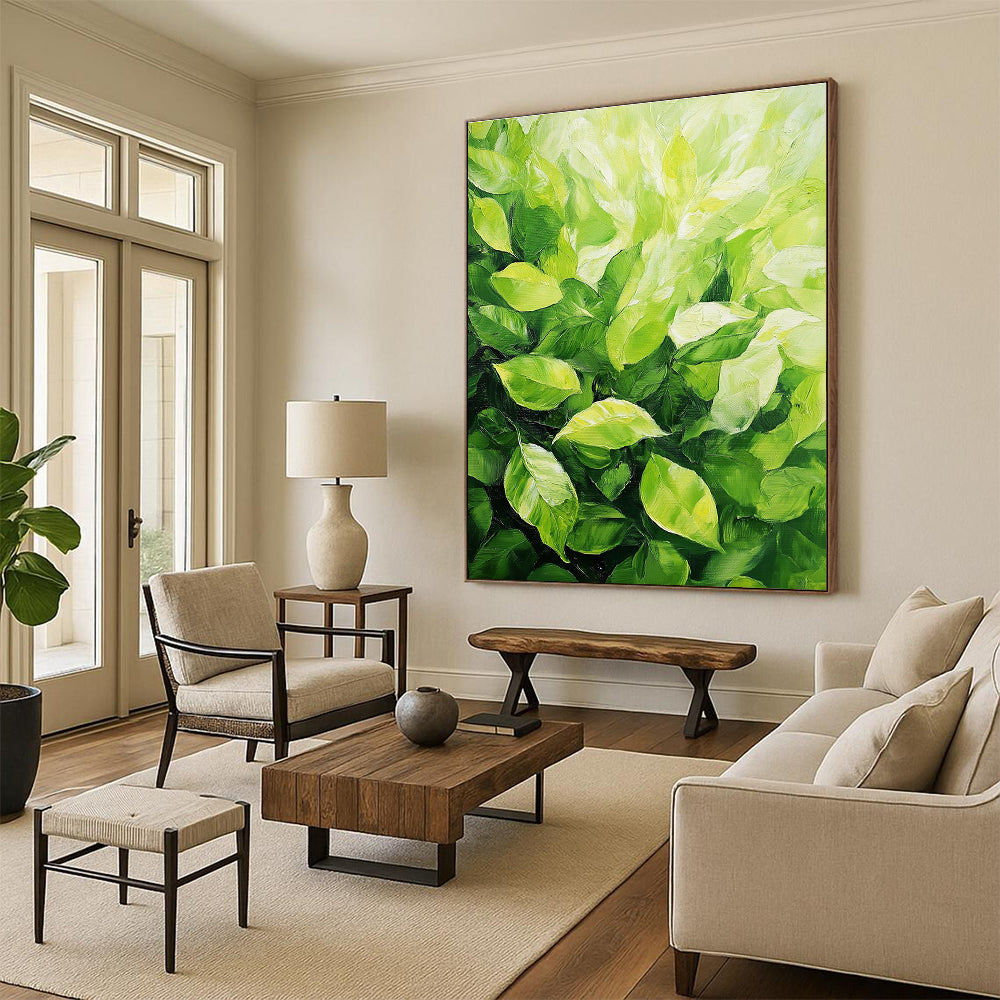 Large abstract painting featuring lush green leaves with vibrant colors and expressive brushstrokes capturing the tranquility of nature.STSC1032