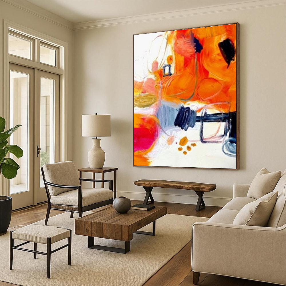 Vibrant Orange Abstract Painting with Mixed Shapes ADGE272