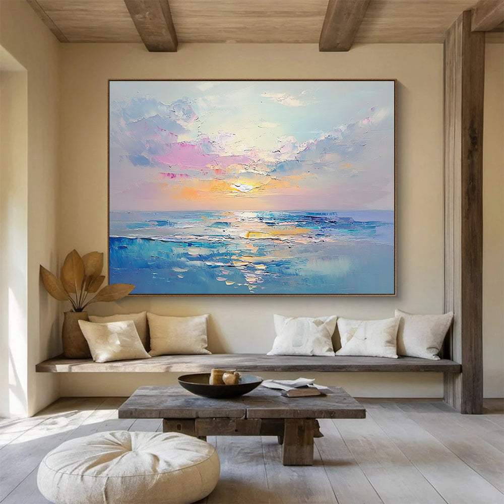 A large abstract painting capturing a tranquil sea at sunrise with pastel colors and detailed brush strokes creating a dreamy ocean landscape.SC418