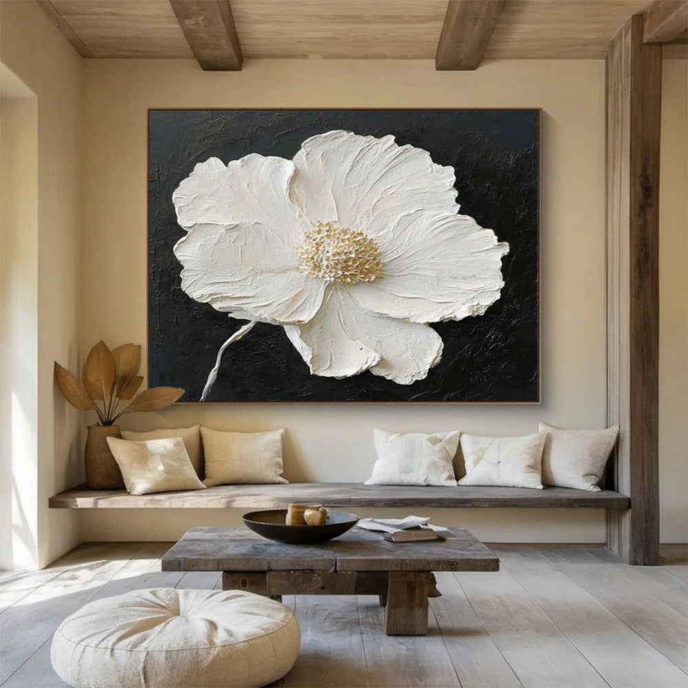 Textured White Flower on Black Background Abstract Painting THY090