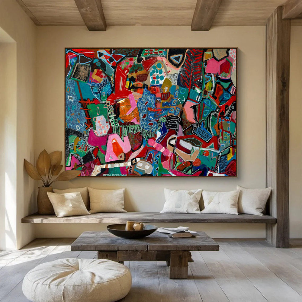 Vibrant Geometric Mosaic Abstract Painting with Bold Color Blocks THY242