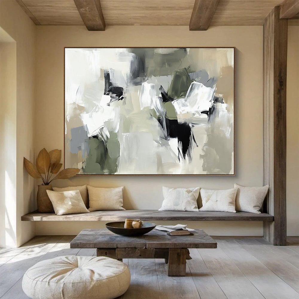 Large abstract painting in neutral tones featuring thick brush strokes and chaotic composition with beige gray and soft edges.SC245