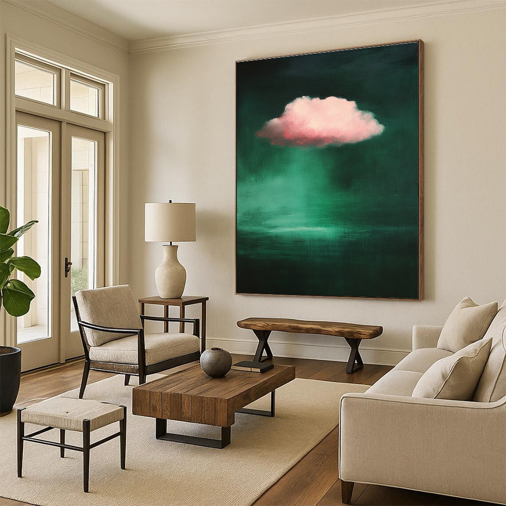 Large abstract painting featuring a pink cloud against a dark green background inspired by the style of Raimad Zinoglu.STSC1402