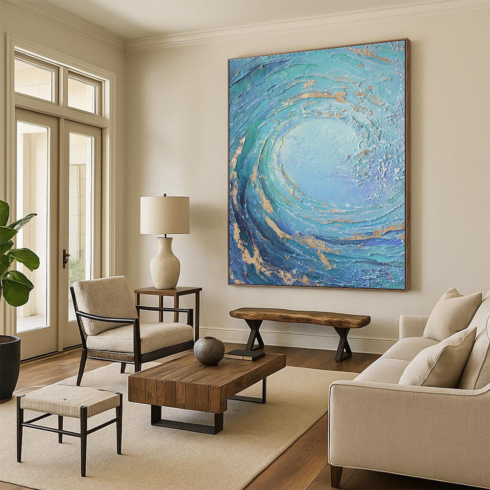 Blue and Gold Swirl Abstract Painting with Textured Layers ADGE332