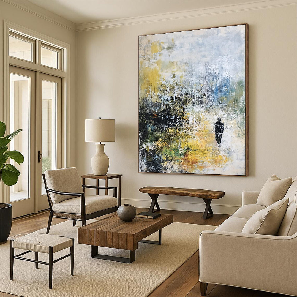 Large abstract painting on canvas with textured layers in pastel tones depicting a serene landscape under rain.STSC237
