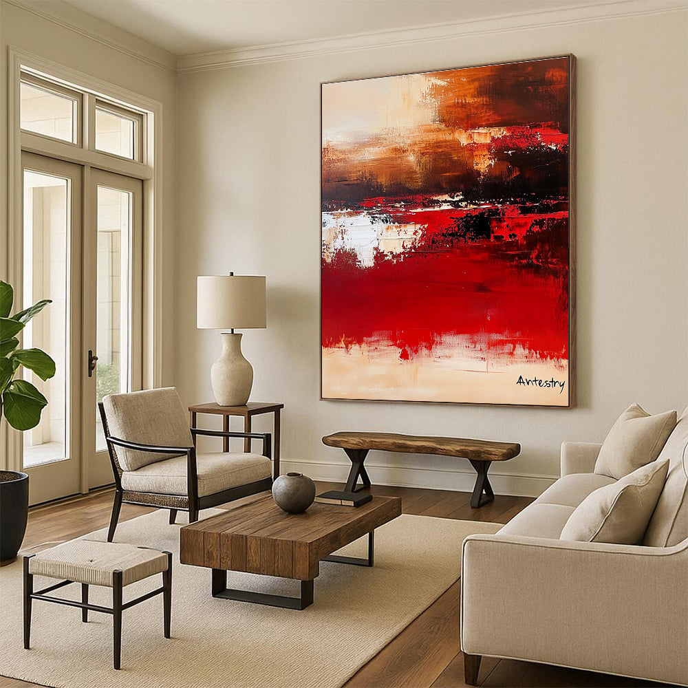 Large abstract painting with warm tones and soft edges titled Antestry creating a calm atmosphere inspired by Marc Chagall's minimalist style.STSC458