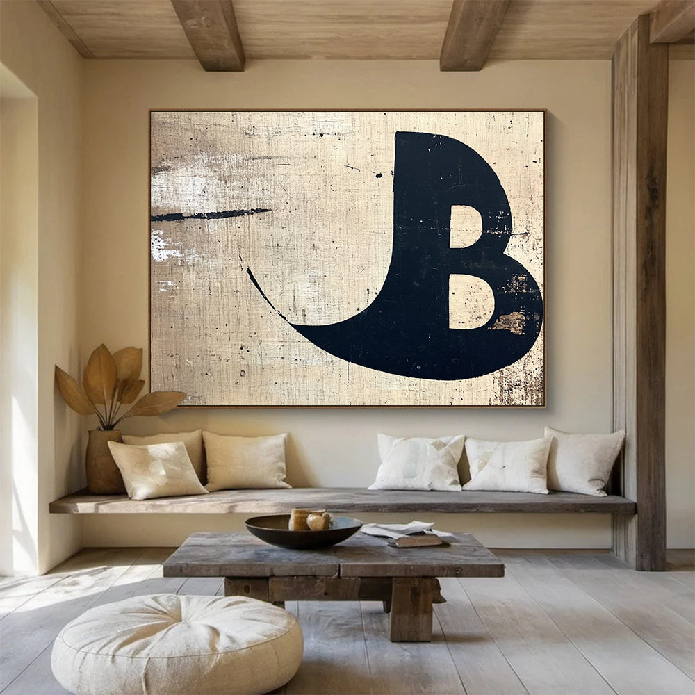 A large abstract painting on wood featuring a minimalist black letter B against a beige and white textured background for elegant creative uses.SC438