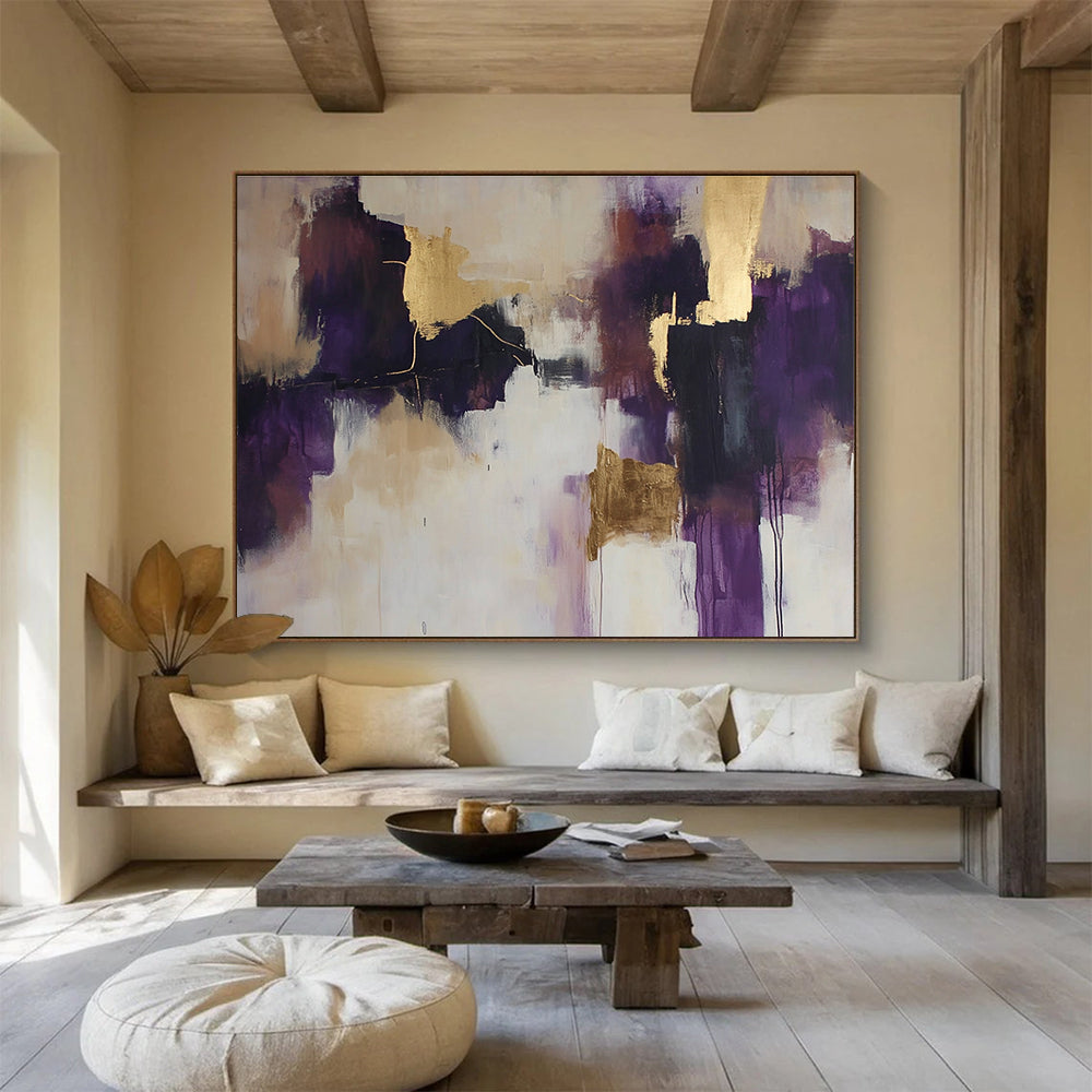 Purple and Gold Abstract Painting with Dynamic Forms DYP396