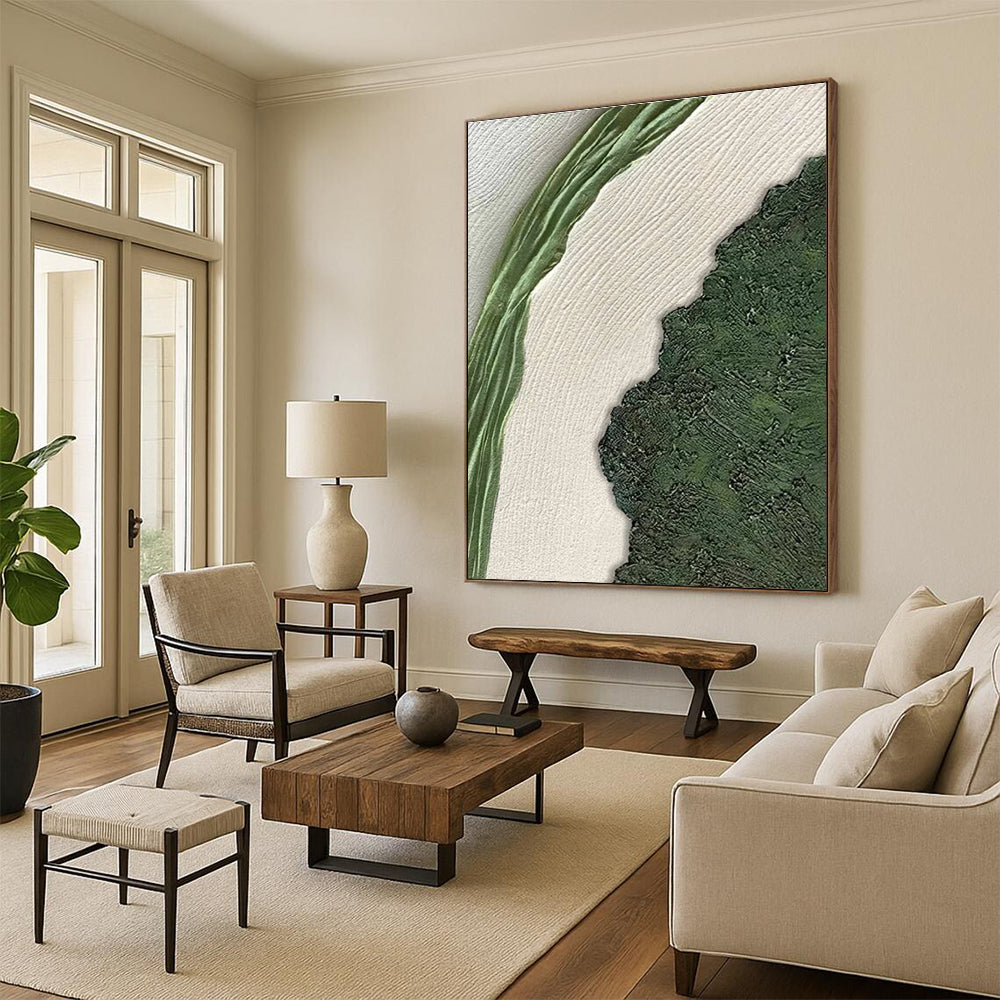 Green and White Textured Abstract Painting with Natural Shapes ADGE316