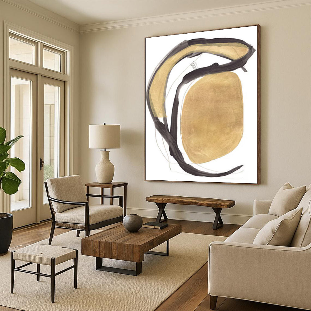 Gold and Black Curved Forms Abstract Painting ADGE223