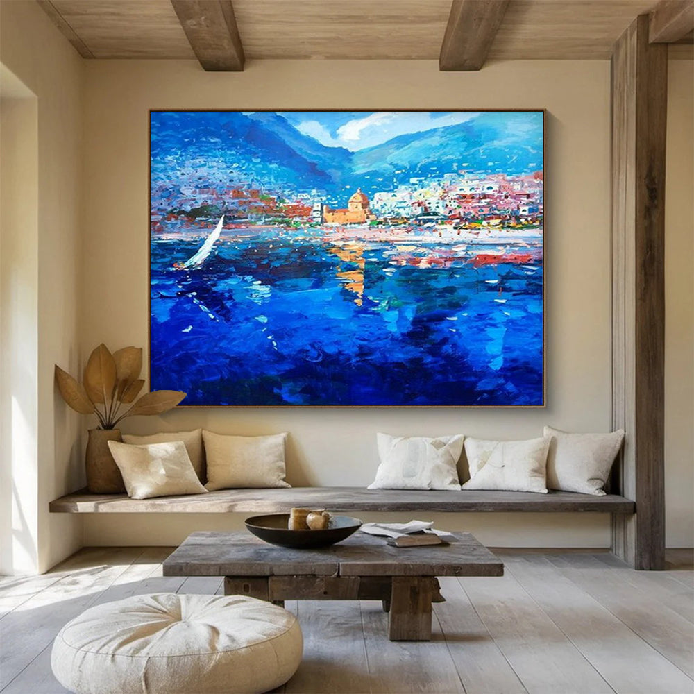 Blue Coastal Town Sailboat Abstract Painting THY481