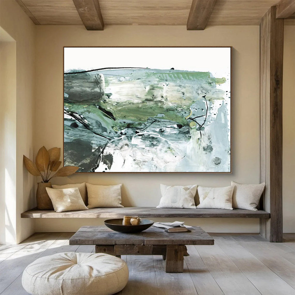 Green and Grey Abstract Painting with Textured Brushstrokes THY139