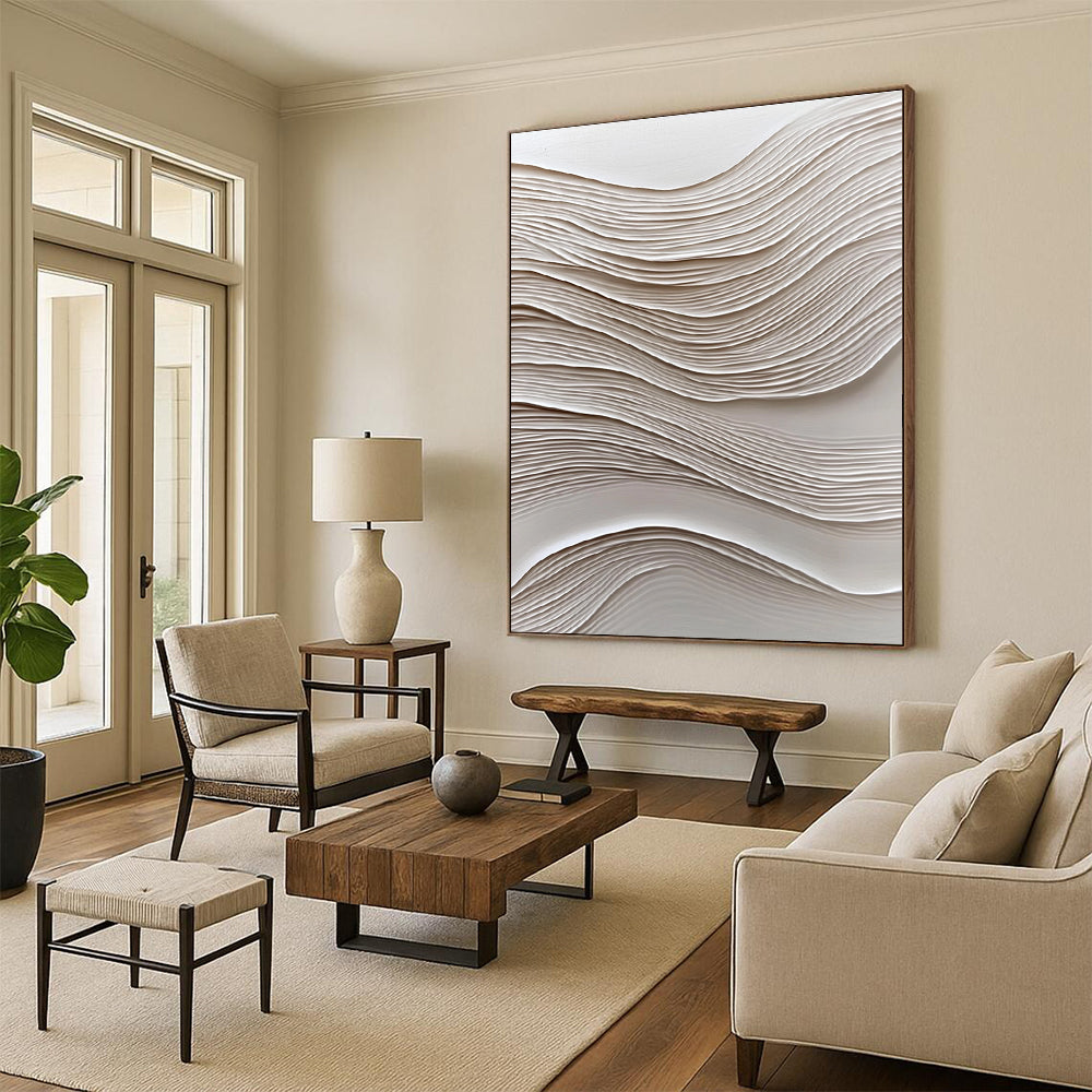 Large Abstract Art Featuring Wavy Lines on White Paper with Soft Lighting and Oil Painting Texture Highlighting Elegance and Simplicity.STSC965