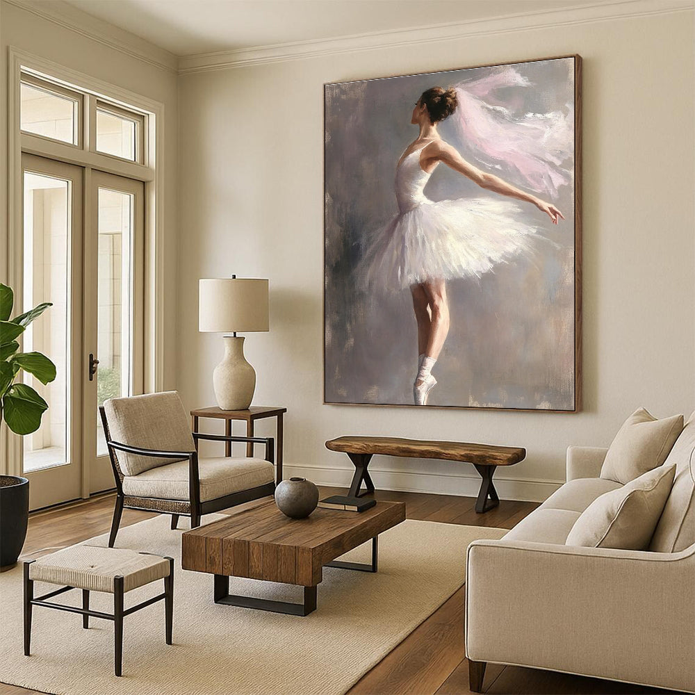 A large abstract painting of a graceful ballerina in a white tutu against a muted gray background capturing elegance and beauty in motion.STSC1004
