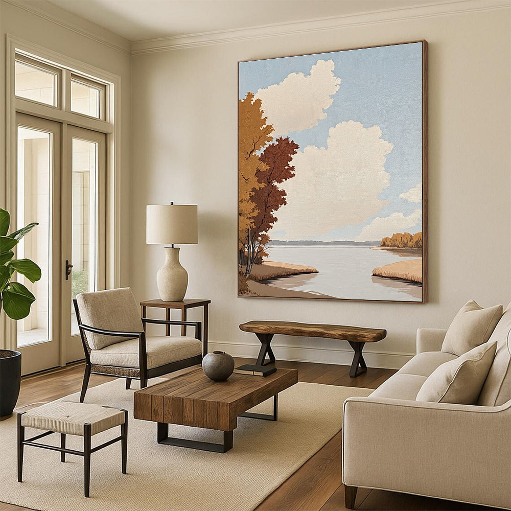 Abstract painting of a riverbank with trees autumn red leaves and a vast lake minimalistic oil style flat illustrations.STSC1020