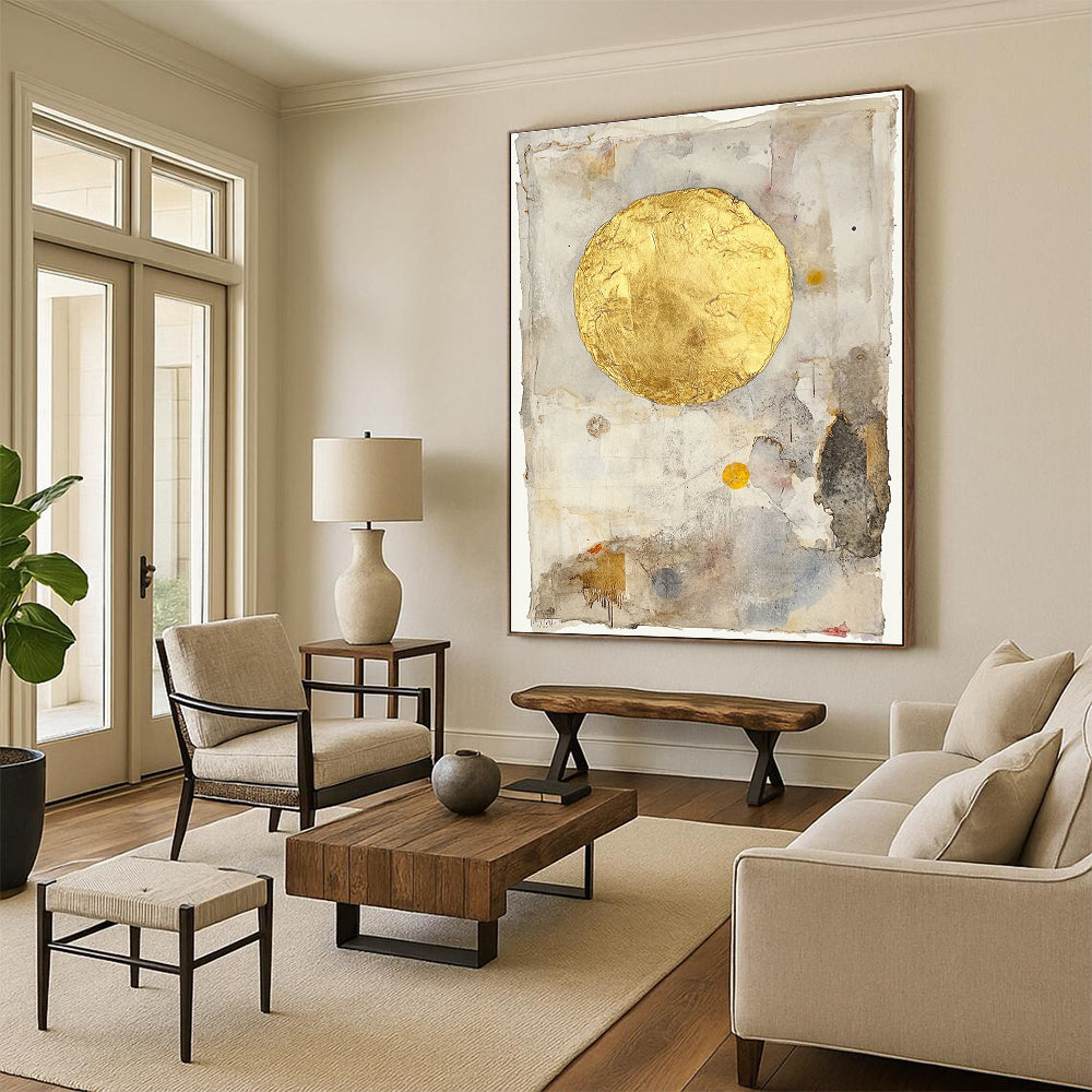 Abstract painting of a golden sun on vintage paper with gold leafing and soft pastel watercolor washes in a minimalist style.STSC286