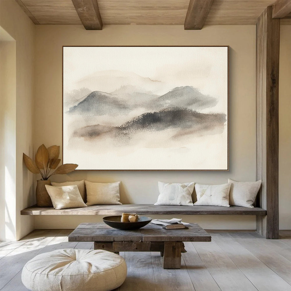 Large abstract watercolor painting of misty hills in muted gray and beige tones with organic brush strokes and textured background on light-colored paper.SC549