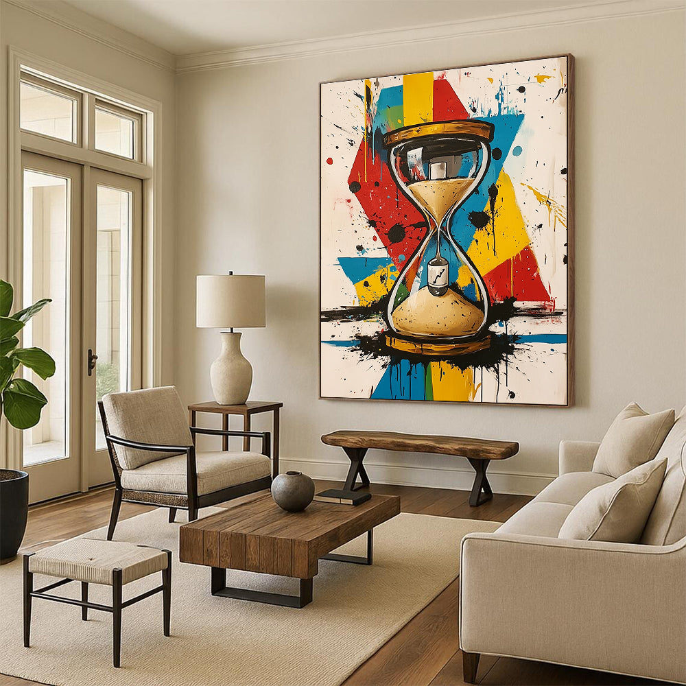 A large abstract painting featuring an hourglass with a bottle in the sand and a vibrant geometric background with paint splatters.STSC853