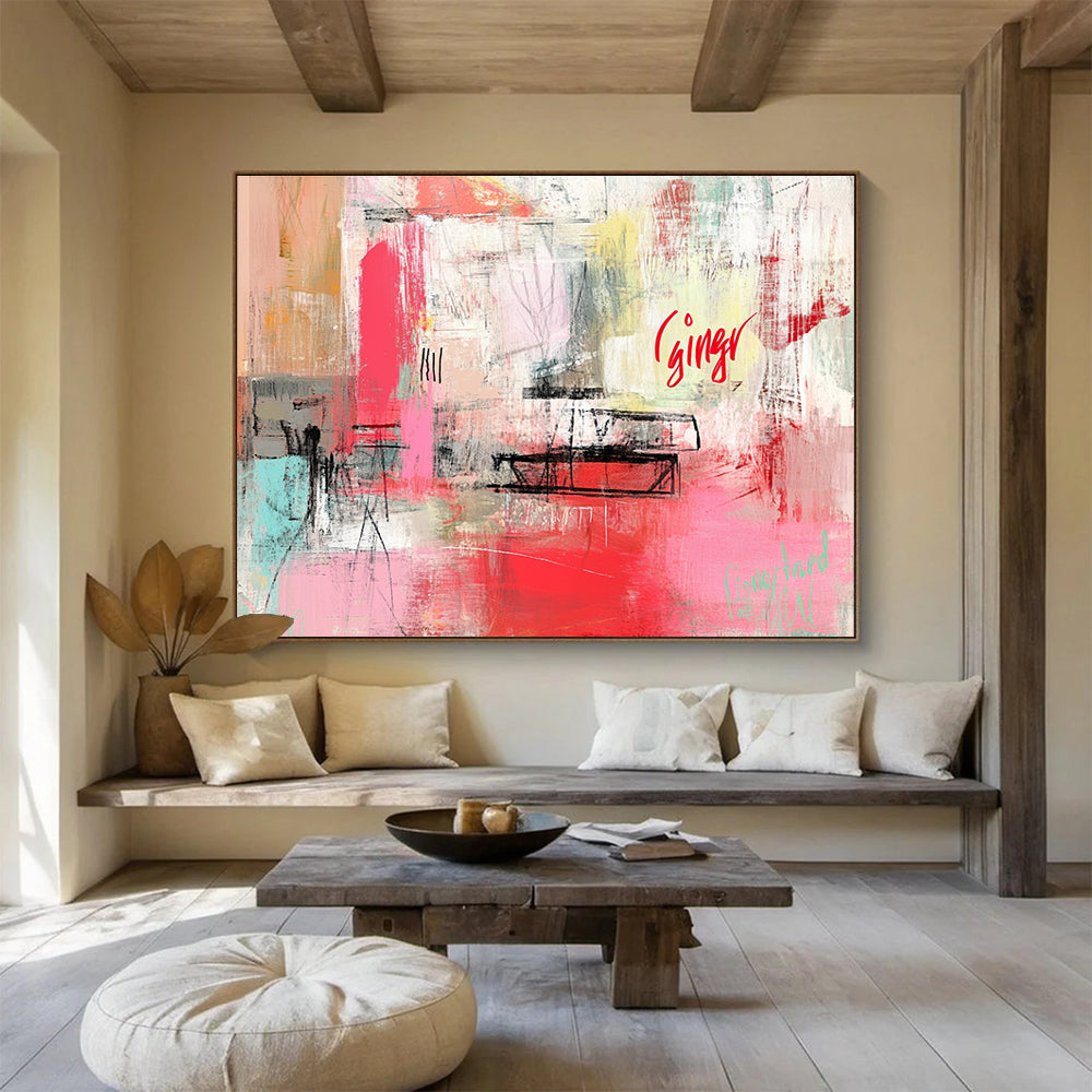 Large abstract painting featuring a dynamic pink and red color palette, organic shapes, blurred imagery, and bold text reading ginger in cursive script.SC275