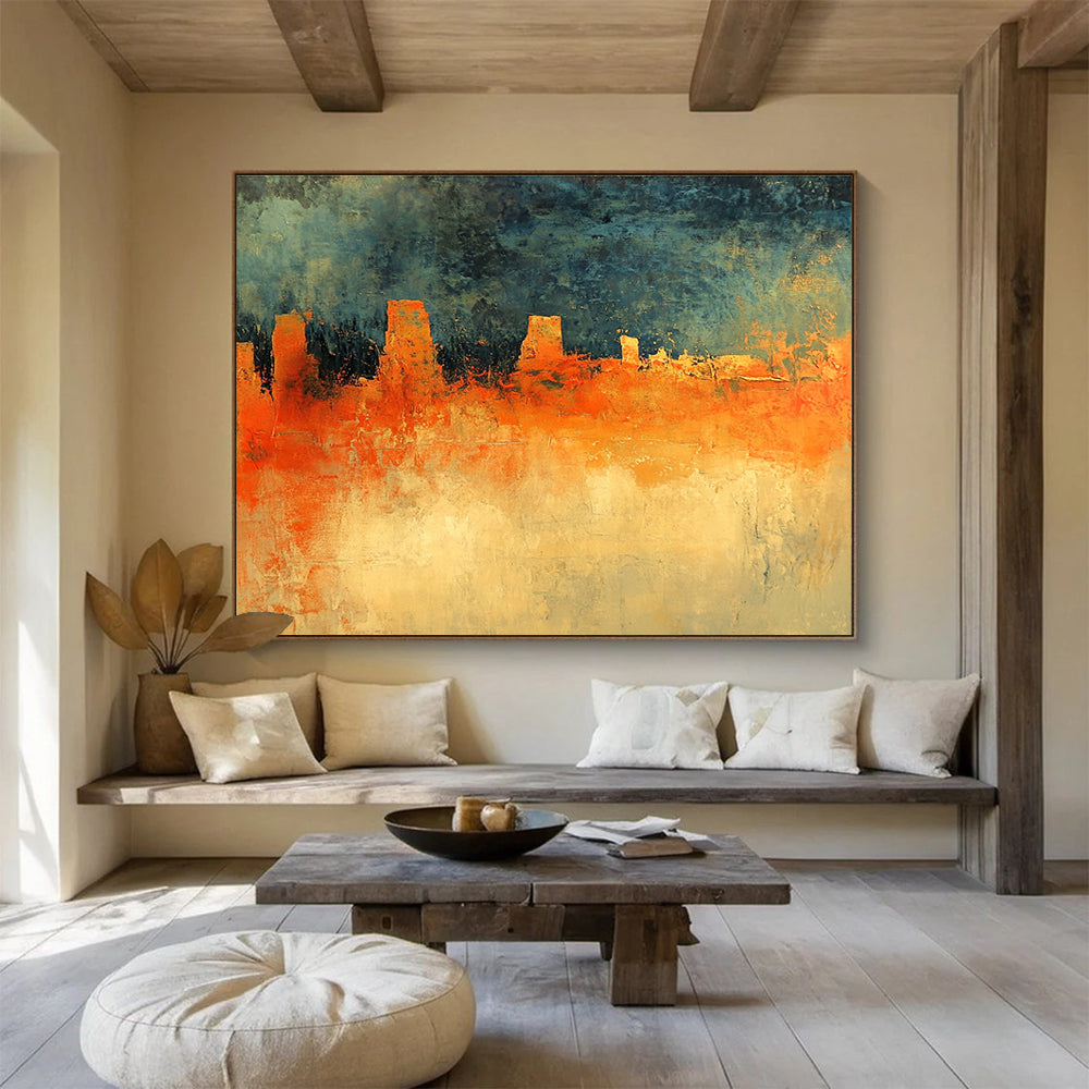 Abstract painting featuring an orange and green landscape under a dark blue sky with grey clouds inspired by Richard Schmid's style.SC165