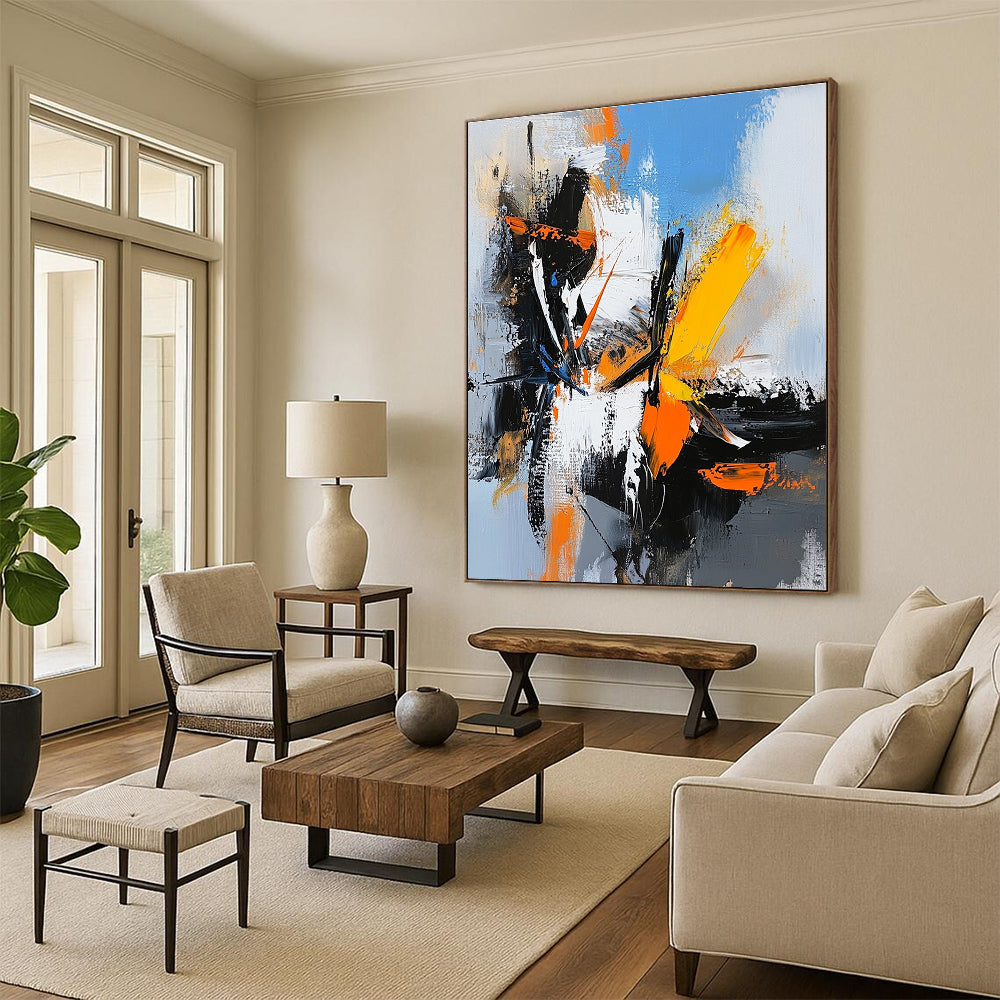 Black White Orange Abstract Painting with High Contrast GER408