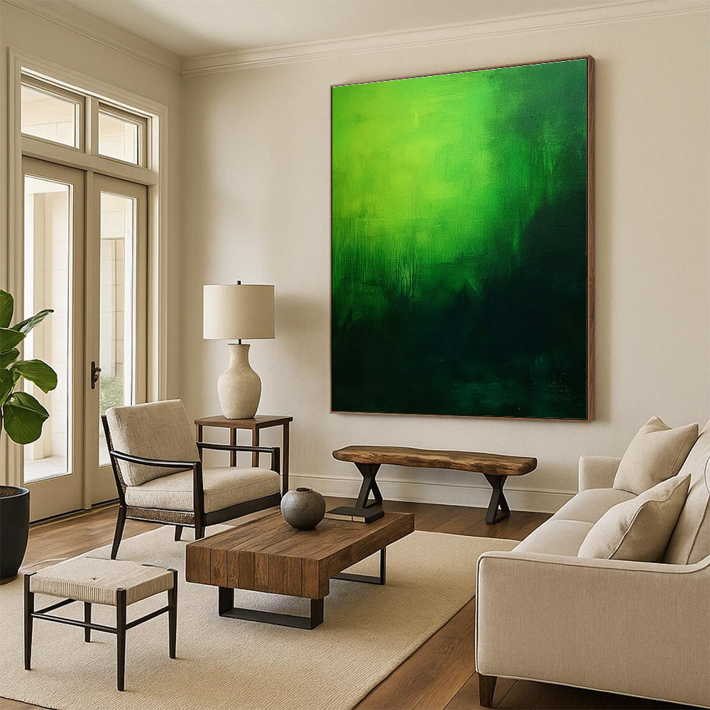 Large abstract painting featuring a green gradient on a dark background creating a moody and atmospheric foggy effect in oil on canvas.STSC310