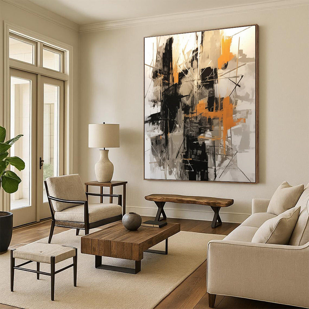 Black, Gray, and Orange Abstract Painting with Intersecting Lines ADGE116