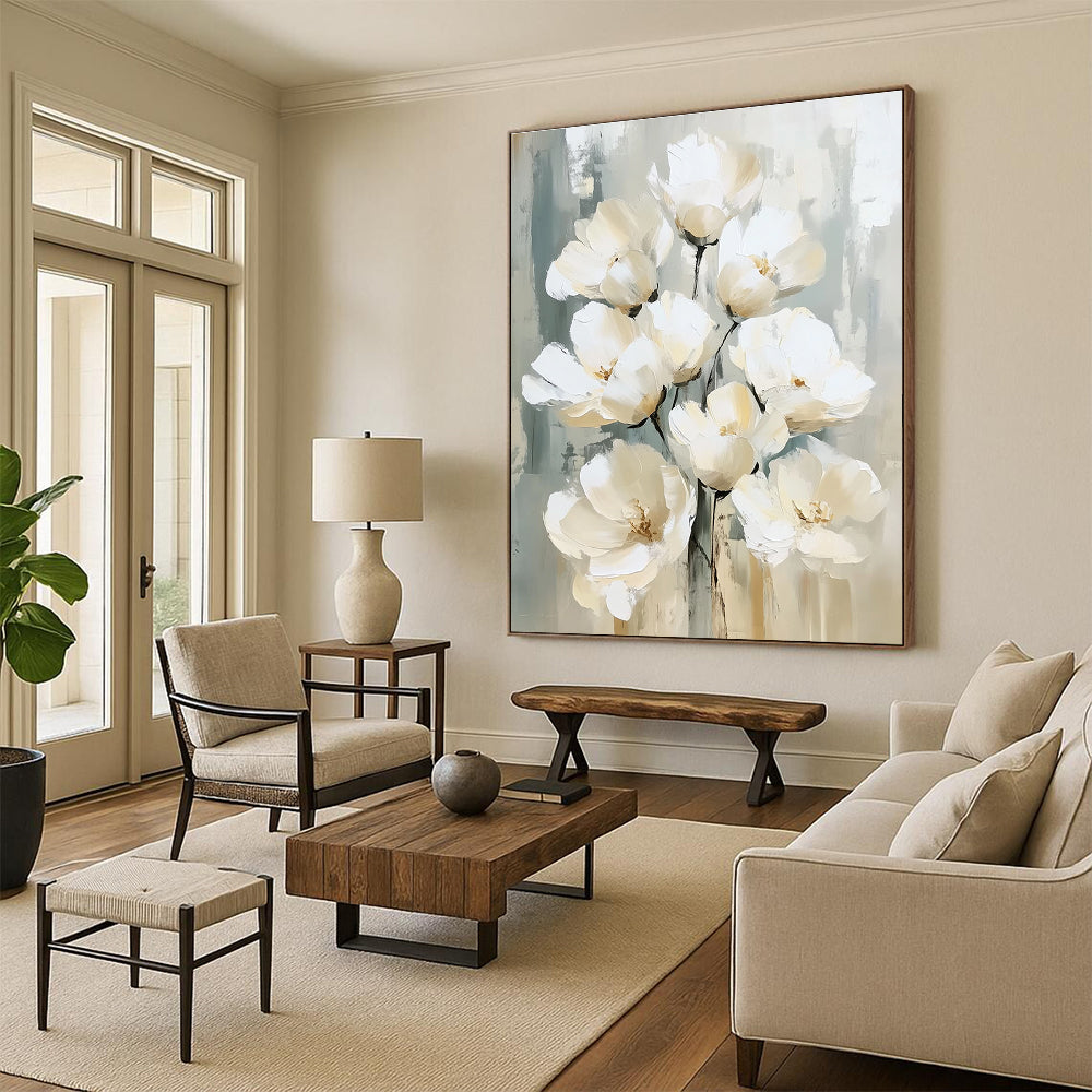 Large abstract painting with white flowers in delicate brushstrokes beige and gray palette textured surface and soft edges creating depth and elegance.STSC1475