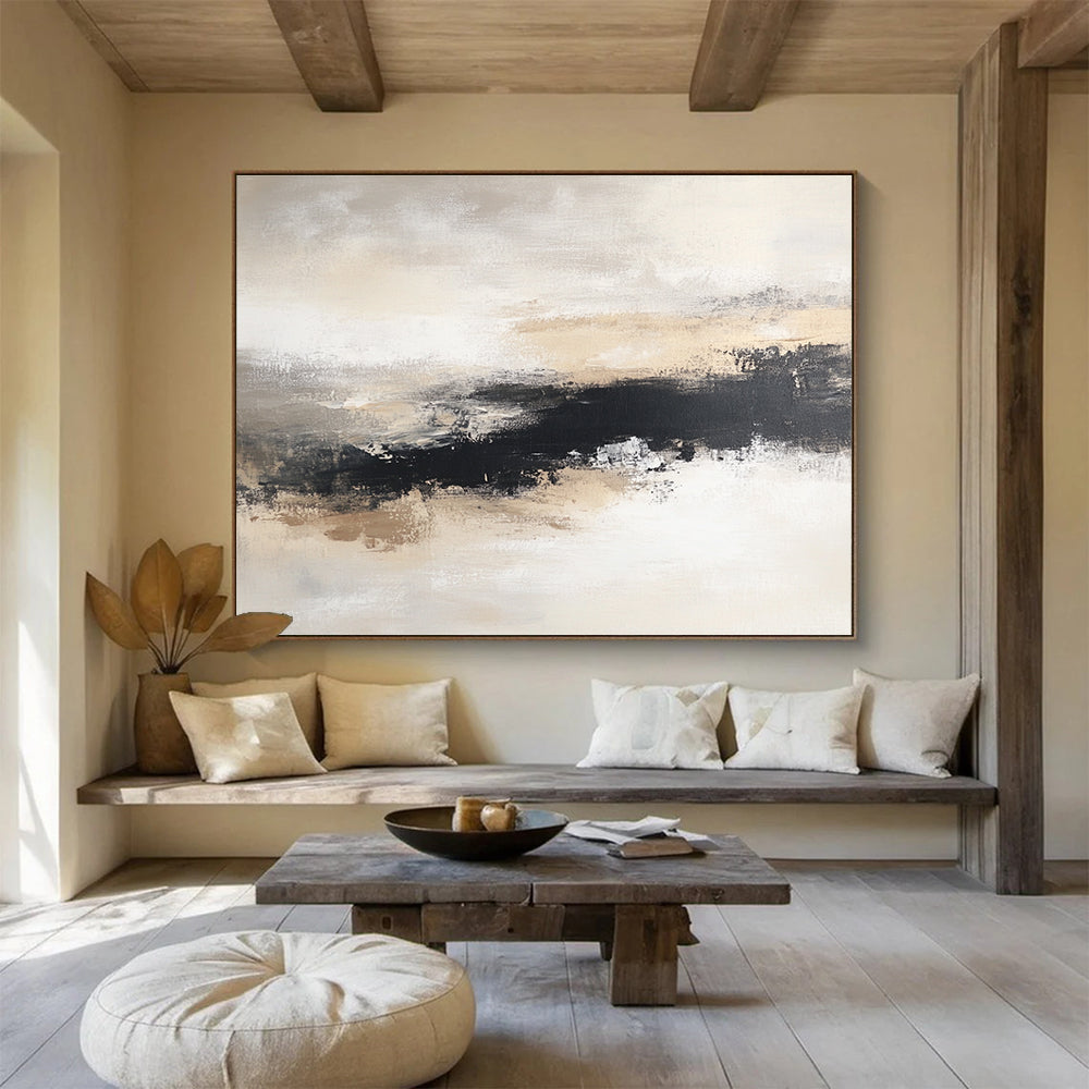Beige and Black Abstract Painting with Landscape Motifs DYP405