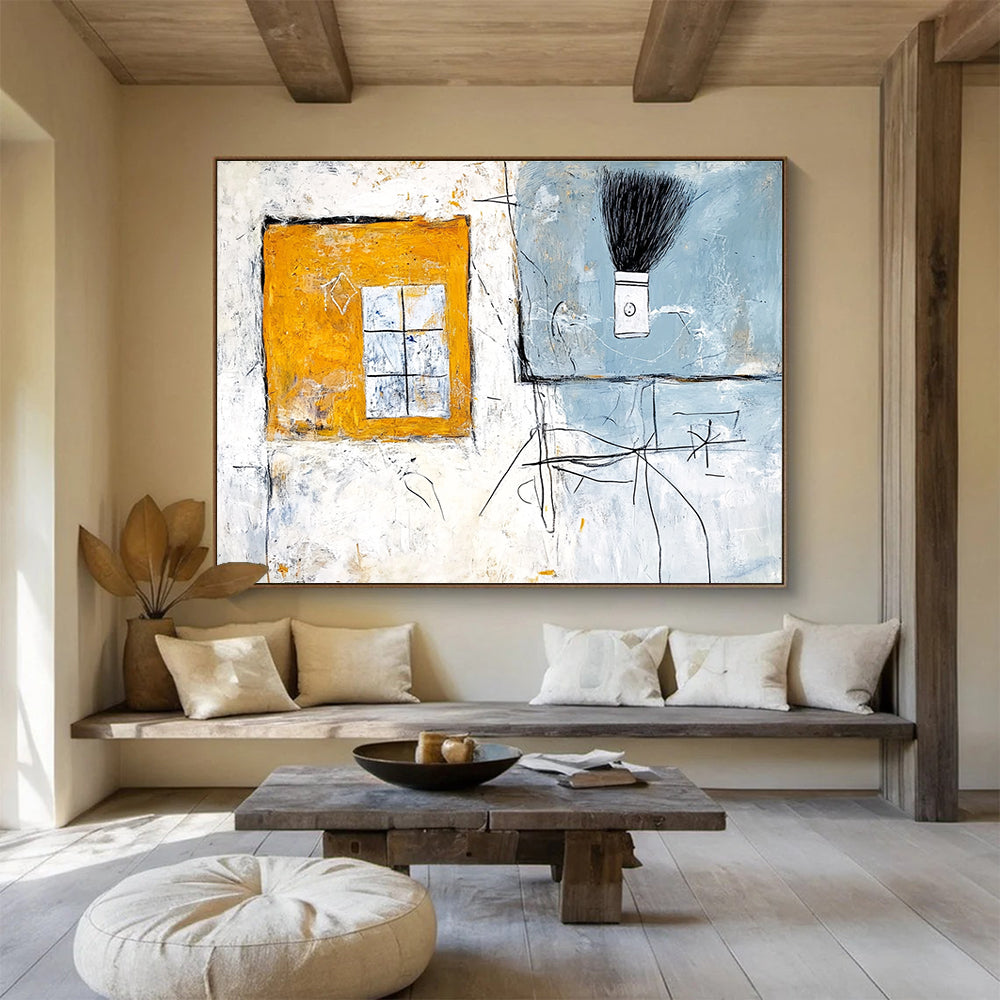 Window and Brush Abstract Painting with Yellow Blue and White Tones DYP340