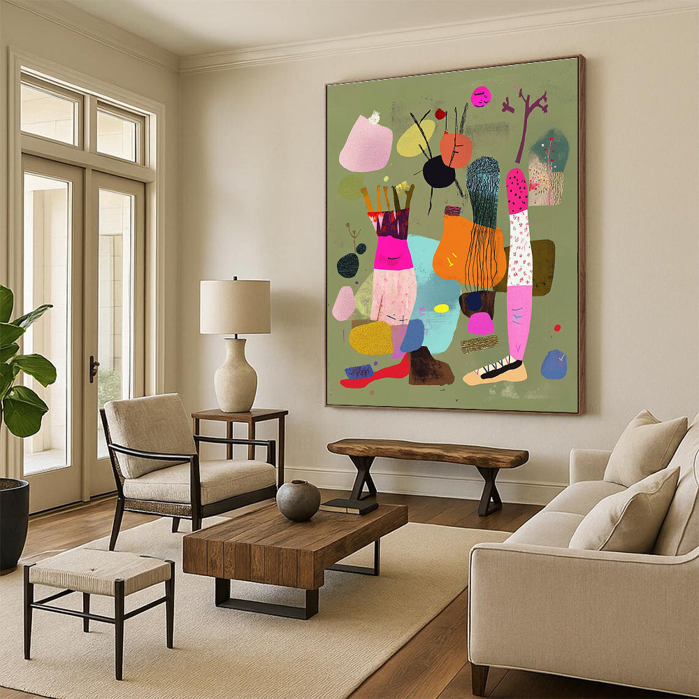 A large abstract collage featuring colorful legs with shoes and ropes against a light greenish brown background embellished with pink accents and floating fabric.STSC972