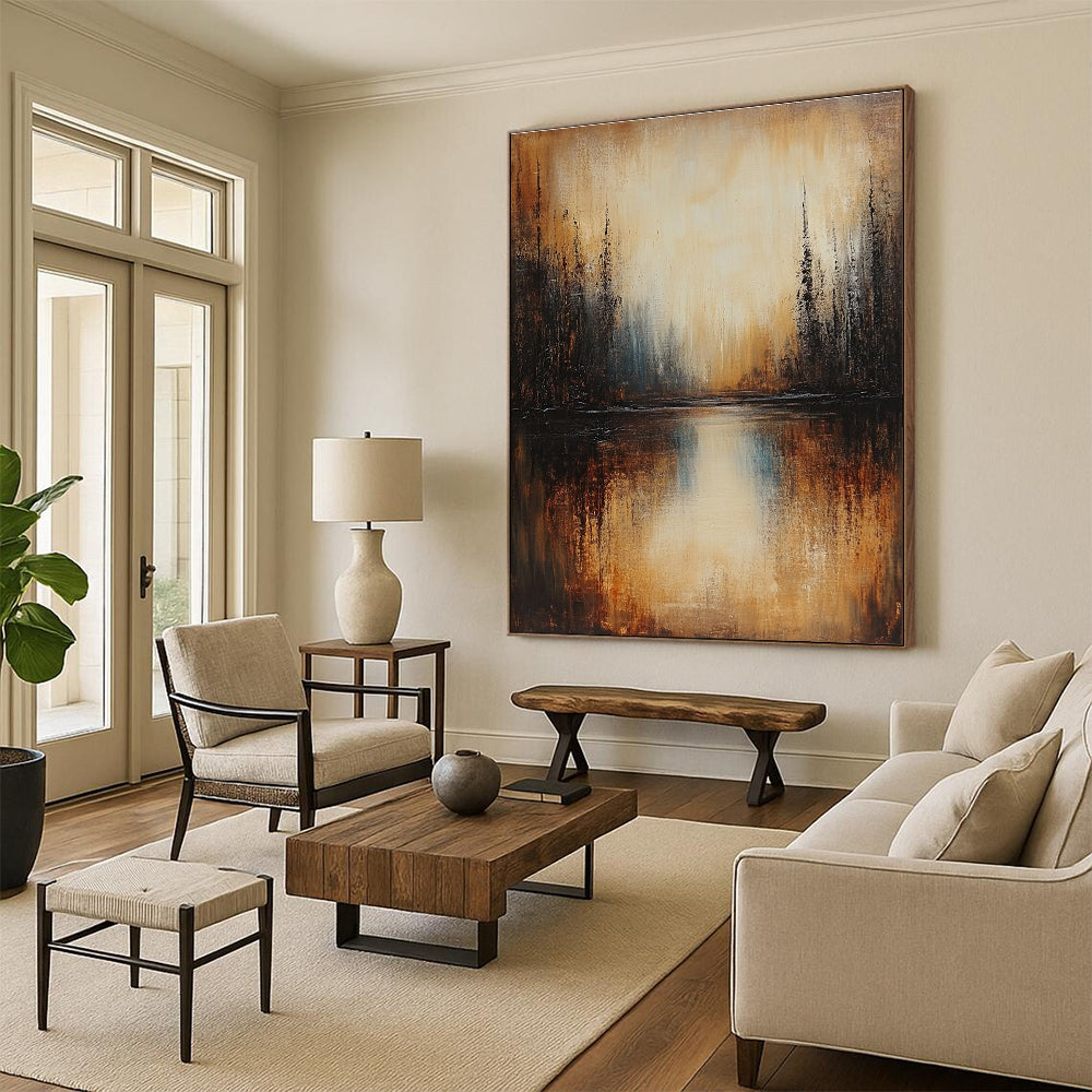 Large abstract painting of a lake with dark beige trees in brown and grey tones under low lighting creating a serene atmosphere.STSC168