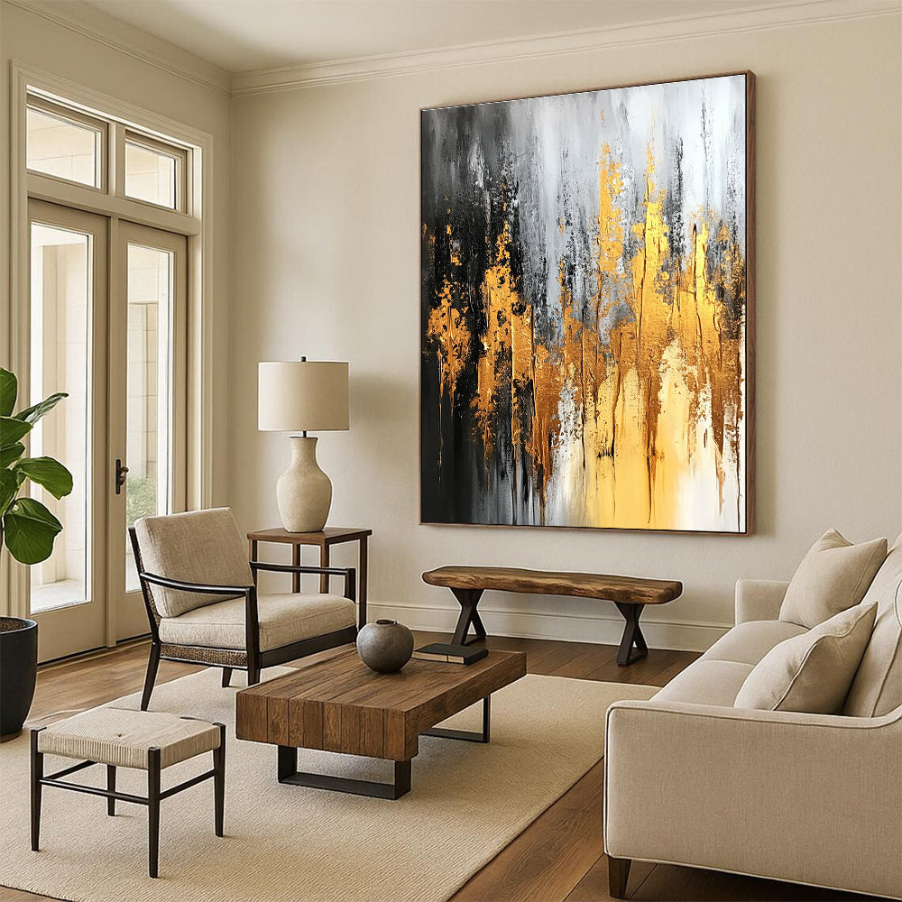 Gold Gray and Black Abstract Painting with Dripping Effects GER696