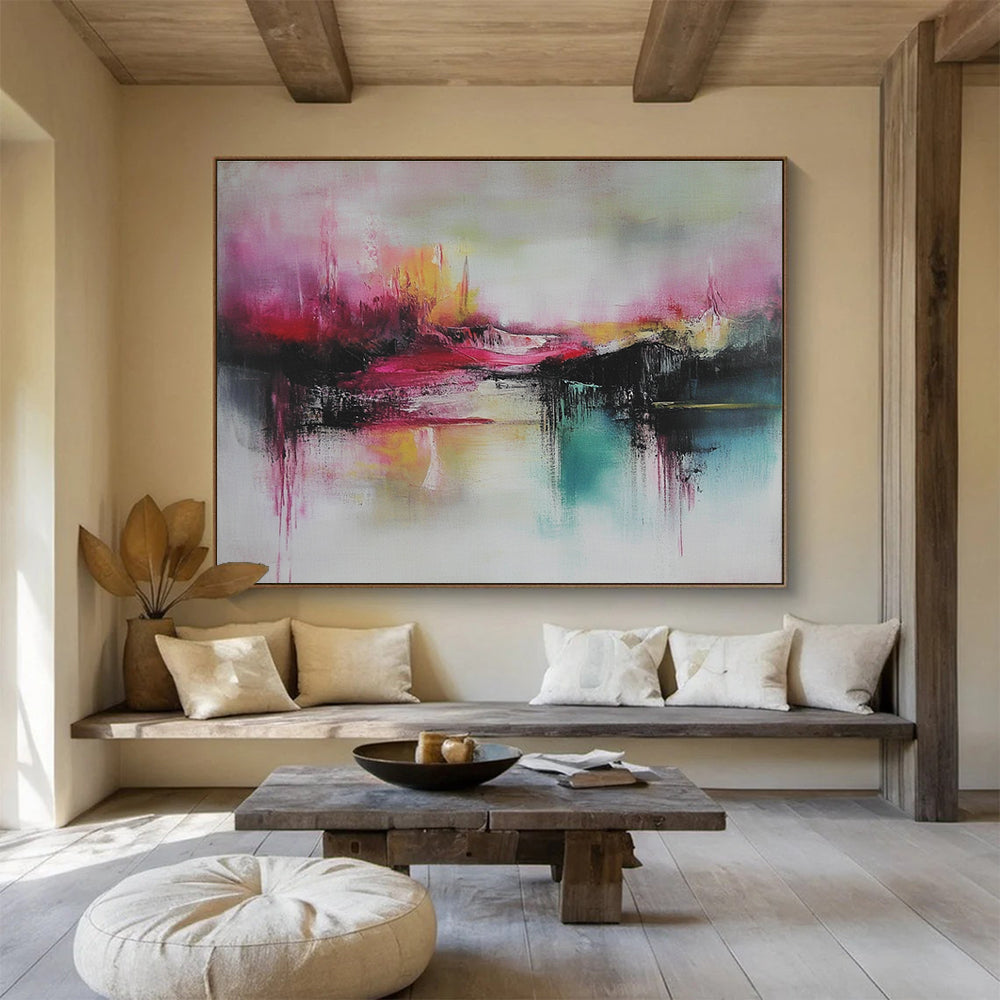Large abstract painting featuring thick brush strokes in soft pink and teal with striking red accents for a captivating artistic touch.SC089