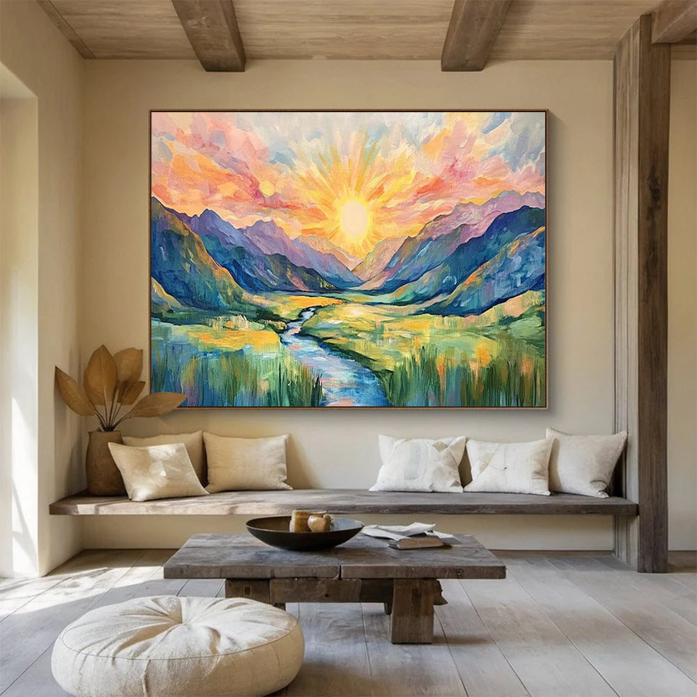 Sunburst Mountain Abstract Painting with Radiant, Expressive Colors THY416