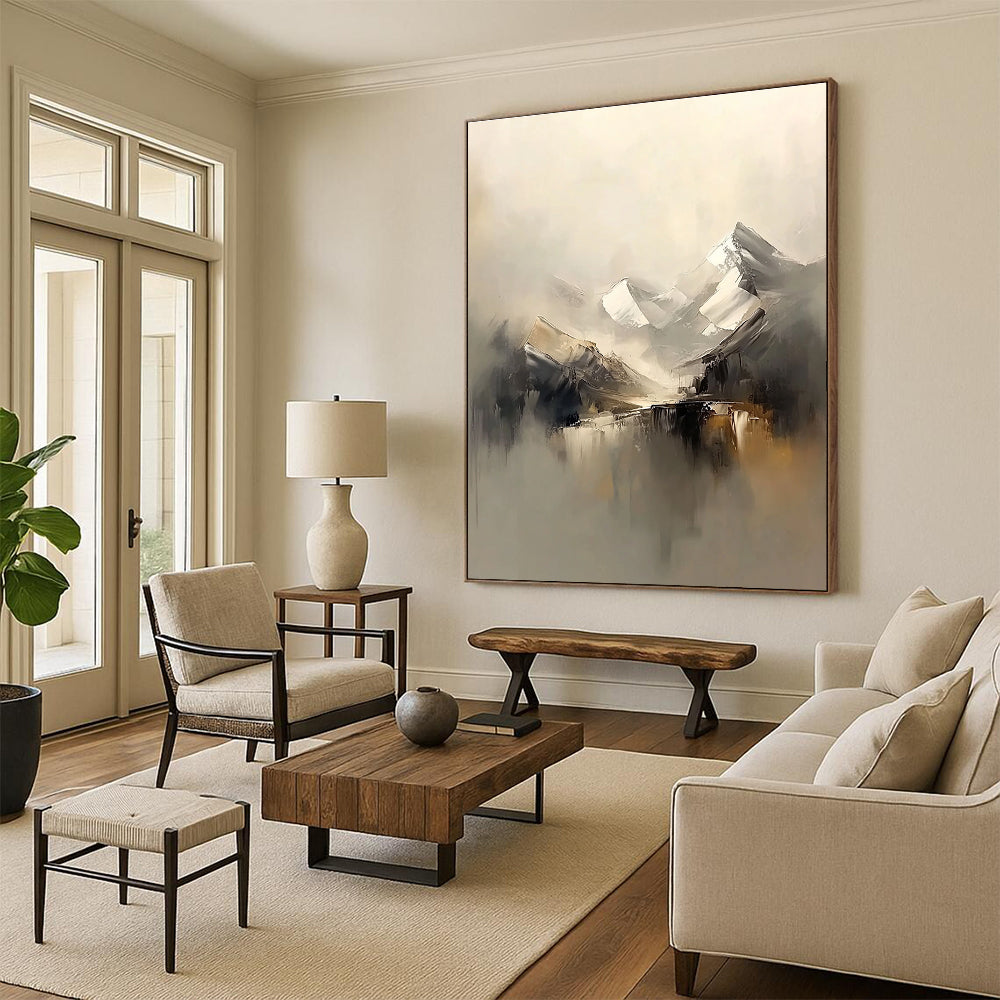 Abstract painting of snowy mountains in a foggy beige and grey palette featuring soft brush strokes for a serene atmosphere.STSC699