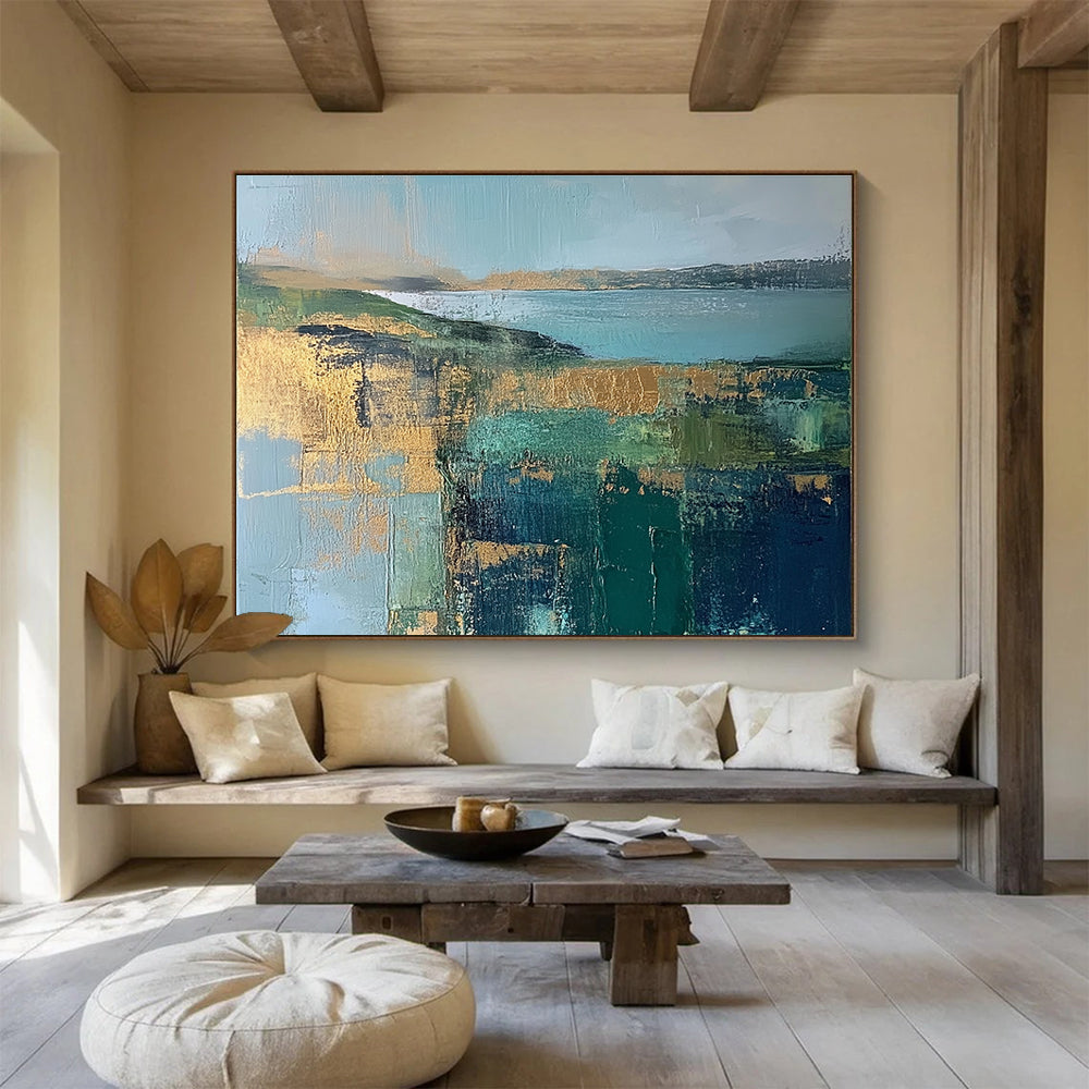 Blue Green Gold Landscape Abstract Painting with Geometric Textures DYP268