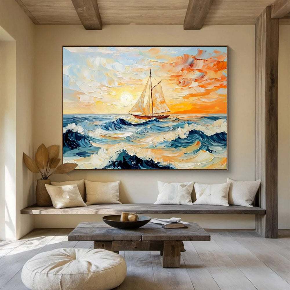 An abstract painting of the sea features an old sailboat at sunset with vibrant orange and blue hues and dynamic waves, inviting oceanic tranquility.SC419