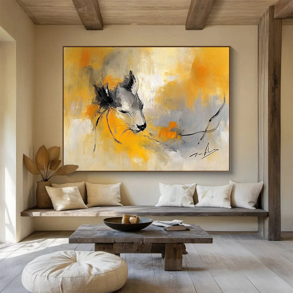 A large abstract painting featuring an animal in shades of yellow and gray, blending the styles of Zao Wou-Ki and Pablo Picasso.SC335