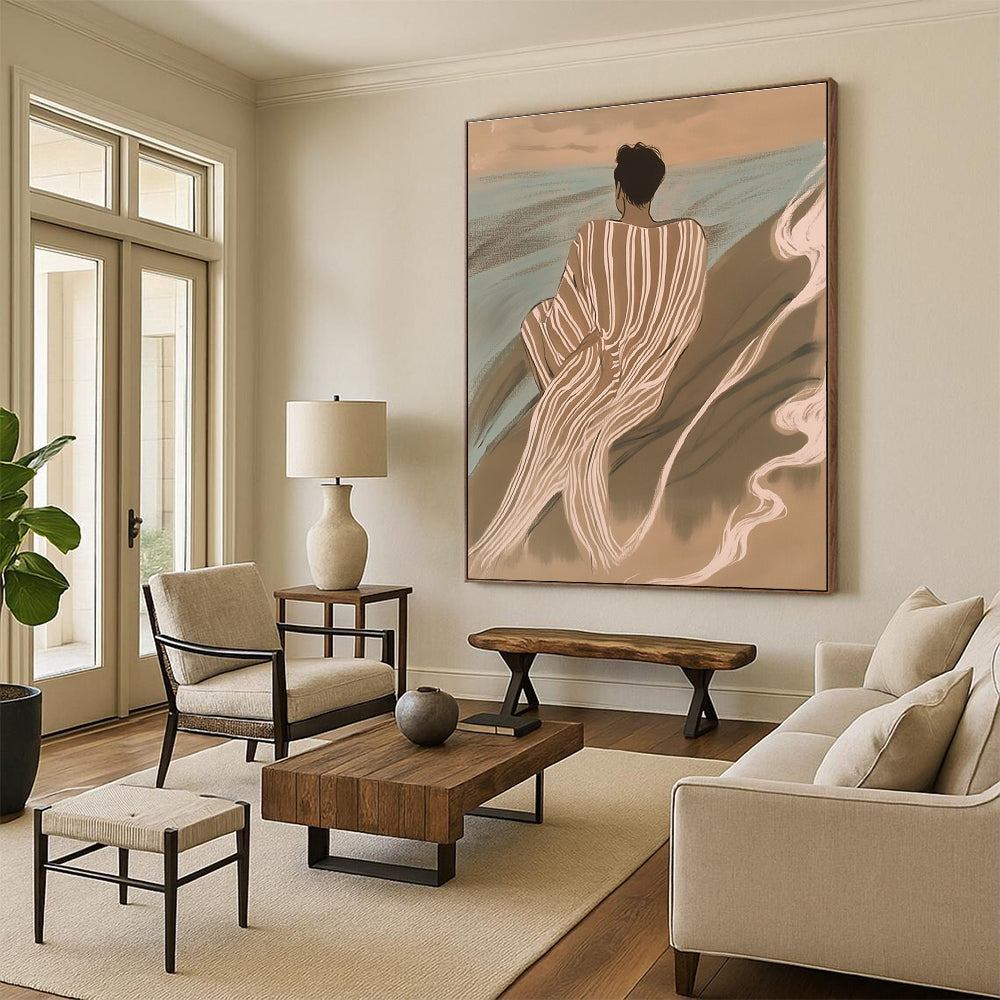 A large abstract painting featuring an Asian man in striped robes surrounded by waves and smoke in soft tones of brown and blue.STSC1104