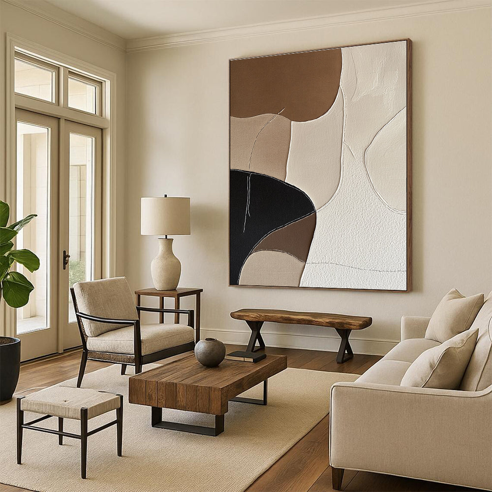 Large abstract artwork featuring minimalist Japandi style with hand-stitched organic shapes in neutral shades of beige black and white.STSC1337