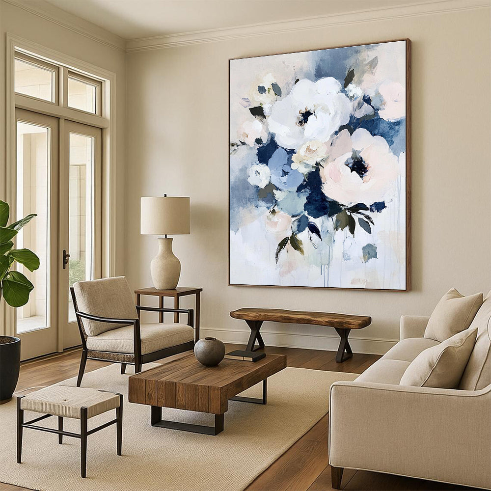 Large abstract floral painting in soft shades of white blue pink and green evokes tranquility and romance with an elegant bouquet composition.STSC054